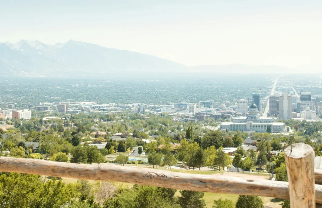 Panoramic city skyline with mountains in background and suburban greenery in foreground