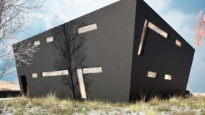 Contemporary black house with geometric design and narrow windows in natural landscape