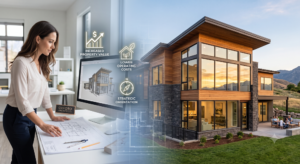 An architect working on architectural plans that visually transition into a completed modern luxury home. On-screen icons highlight the long-term investment benefits of professional design: increased property value, lower operating costs, and strategic orientation
